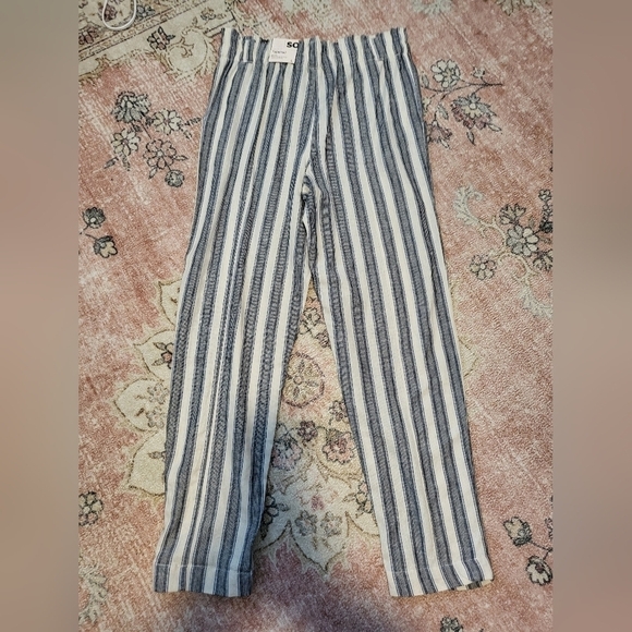 SO High Rise Blue & Ivory Stripe Linen Blend High-Rise Pant Tapered Leg - Size L - Picture 2 of 13